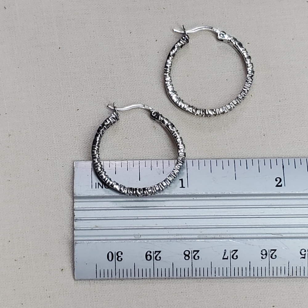 Earrings 1" Hoops 925 Sterling Silver FAB Prong Cubic Zirconia Pierced Vintage - Picture 6 of 8